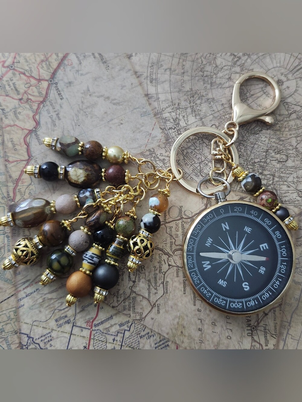 Compass Explore Purse Charm or Keychain  Jasper Agate Rhononite Handcrafted